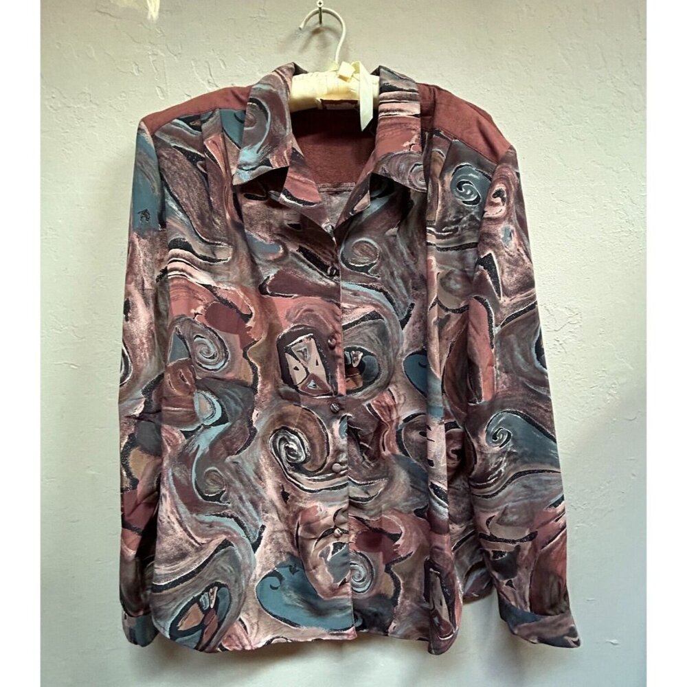 Vintage Pierre Lamonte Womens Long Sleeve Abstract Print Shirt Blouse Top Brown
